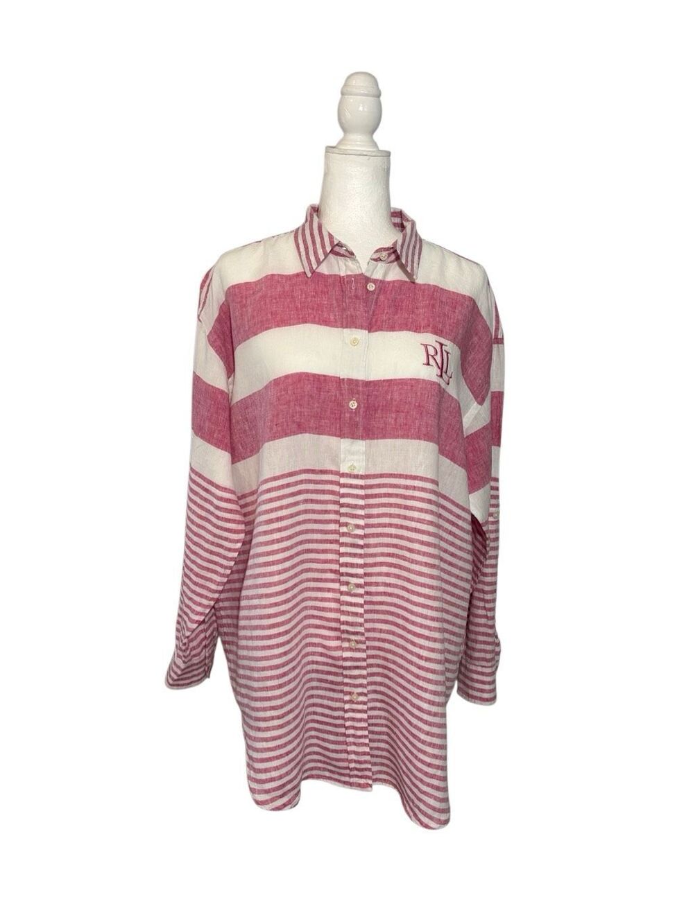 Lauren Ralph Lauren pink and white striped 100% linen button down tunic - L